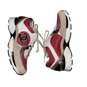 Chanel Pink White Tan Suede Lace-Up CC Trainer Sneakers Women's 36.5